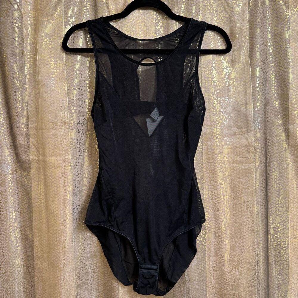 Samantha Chang Jet Set Sheer Black Mesh Bodysuit Large NWT